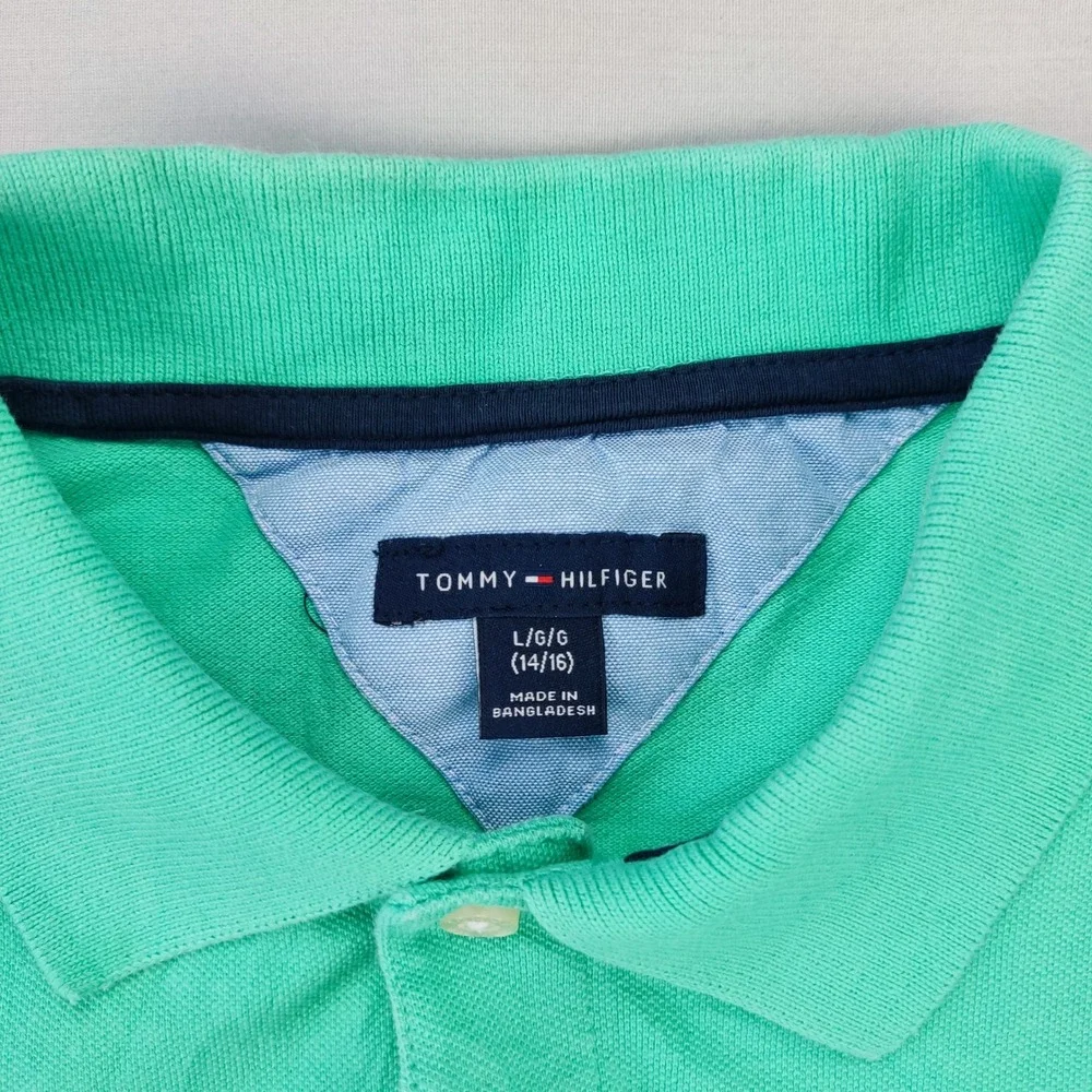 Tommy Hilfiger Polo Shirt Boys L 14/16 Green‎ H Logo Short Sleeve Pique Patch 8
